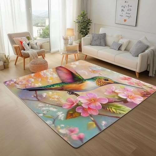 Dyjuaa Kolibri Vogel Waschbarer Teppich 200x280 cm, Natur Frühling Blumen Carpet Wohnzimmer Anti Rutsch Große Teppiche Schlafzimmer Weich Kurzflor Teppiche Matte Kinderteppich