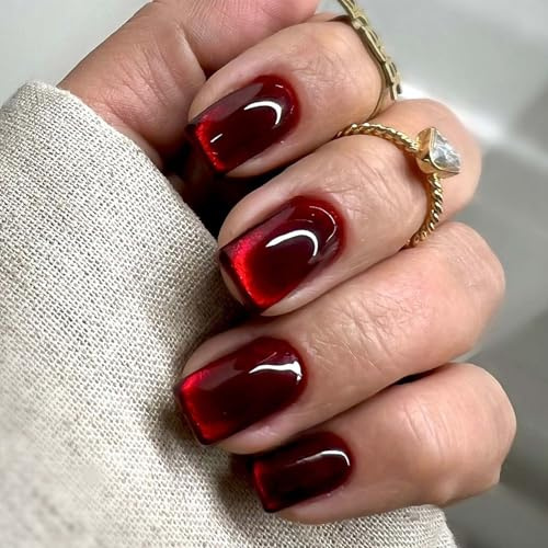 Clawrex Cat Eye Press on Nails Kurz, 24 Stück Rot Quadrat Nägel zum Aufkleben Katzenaugen, Full Cover Fingernägel Mit Nagelkleber, Glänz Soft Gel Fake Nails für Frauen, Künstliche Nagel Nail Art