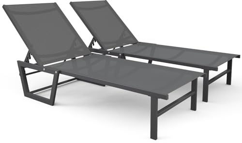 VOUNOT® Juego de 2 Tumbonas Jardín Exterior Tumbona Silla Reclinable en 5 Posiciones Estructura Aluminio Asiento Malla Textileno Transpirable para Piscina Playa Patio Terraza Balcón 190x62x31cm Gris