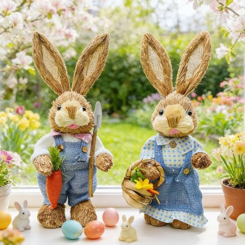 Xevinas 2 Stück Osterhasen Figuren, 35 cm Stroh Osterhase Deko, Stehende Osterdeko Aus Handgeflochtene, Niedlich Deko Hase Moderne Frühlingsdeko Osterschmuck Für Tisch, Fensterbank, Geschenkset (C)