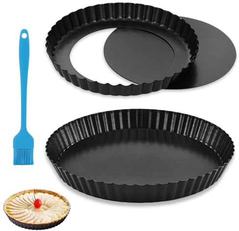 TFLPUO 2 PCS Quiche Pan Dish, 22cm&28cm Quiche Dish Pie Tins Deep Tart Tin with Loose Base Silicone Scrubber Non Stick Flan Dishes for Cheese Apple Pie Baking