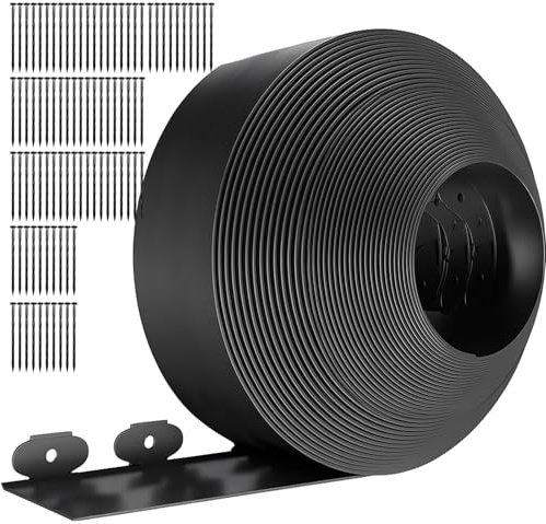 Toemics Flexible Rasenkante Kunststoff 20 m x 10 cm schwarz mit 80 Erdankern Unsichtbare Garteneinfassung für Rasen und Blumenbeete