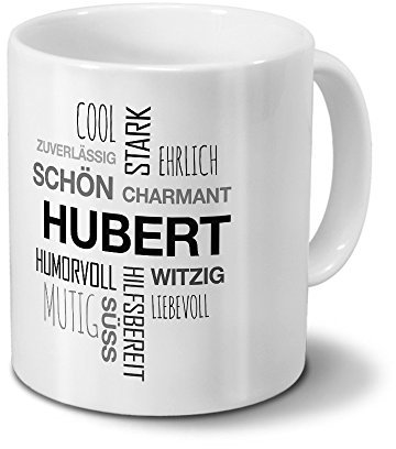 printplanet Tasse mit Namen Hubert Positive Eigenschaften Tagcloud - Schwarz - Namenstasse, Kaffeebecher, Mug, Becher, Kaffeetasse