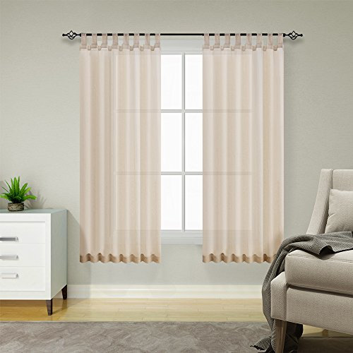 TOPICK Greige Leinenoptik Stores Gardinen mit Schlaufen Kurz Gardinen für Küche Wohnzimmer Schlafzimmer Fenster Vorhänge Transparent Durchsichtig Voile Landhausstil Modern 2er Set 145H x 140B (cm)