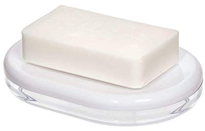 iDesign Portasapone bagno e cucina, Porta sapone plastica ovale per lavandino e doccia, Contenitore sapone per saponette di varie dimensioni, bianco e trasparente