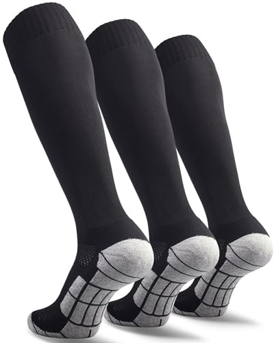 CWVLC Soccer Socks Mens Womens 3 Pairs Football Sport Team Athletic Knee High Long Tube Cotton Compression Socks Black Large (10-13 Women/8-12 Men)