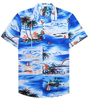 siliteelon Mens Hawaiian Shirt Blue Funky Flower Beach Casual Short Sleeve Summer Shirts,L