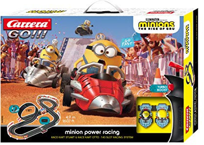 Carrera GO!!! Minion Power Racing Rennstrecken-Set | 4,9m elektrische Rennbahn mit 2 Autos I inkl. Handregler mit Turboknopf, Streckenteile, Looping | für Kinder ab 6 Jahren & Erwachsene