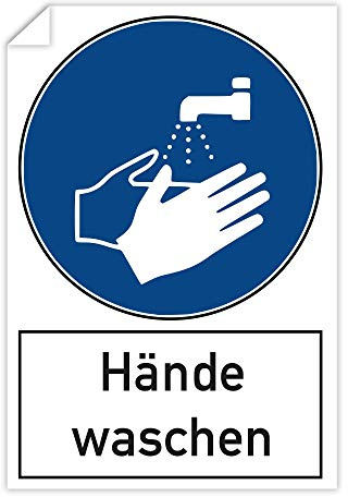 Hände waschen Schild – 3 Hinweisaufkleber 200 x 300 mm, selbstklebend | 3 selbstklebende Hinweisschilder „Hände waschen“ mit Piktogramm – UV-beständig, laminiert, für innen und außen