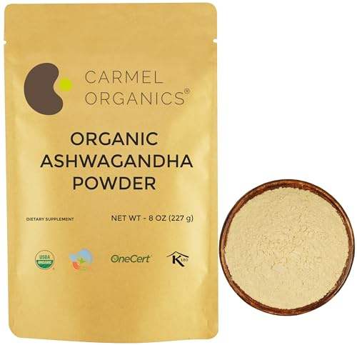 CARMEL ORGANICS Organic Ashwagandha Root Powder (8 Oz or 227g/0.5 Lbs) USDA Certified. Lab Tested, Non GMO & Gluten Free | Withania Somnifera from India