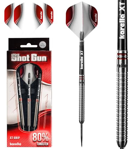 Karella Shotgun 80% Tungsten Steeldart, 24g, für Klassische Dartscheibe, 3 Dartpfeile mit Metallspitze, Dartboard, Wolfram, Profidart mit Flight und Shaft