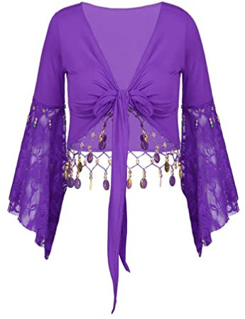 TiaoBug Damen Bauchtanz Kostüm Oberteil Langarm Spitzen Trompetenärmel Jäckchen Binden Top Knoten Shirts Bluse mit Münze Quasten Dunkel Lila 3XL