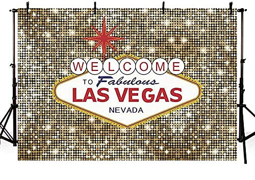 MEHOFOND 2,4 x 1,8 m Welcome to Las Vegas Party-Hintergrund, fabelhaftes Casino-Poker, Vintage-Gold, runde Pailletten, Fotoshooting-Dekoration, Banner, Portrait, Fotoautomaten-Requisiten, Zubehör