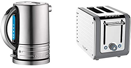 Dualit Architect Kettle | 1.5 L 2.3 KW Stainless Steel Kettle with Brushed Finish & Architect 2 Slice Toaster Stainless Steel with Grey Trim Extra-Wide Slots, Peek and Pop Function