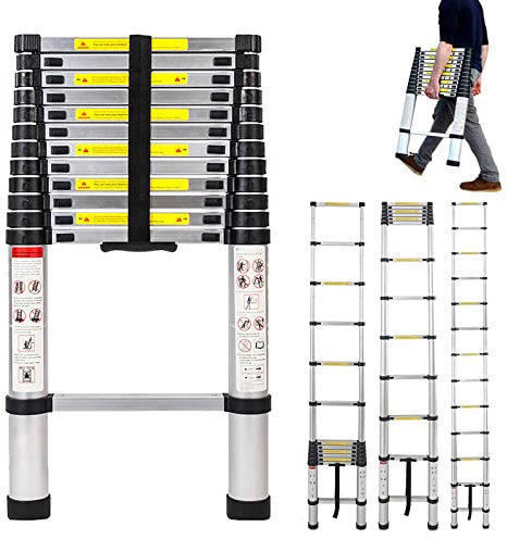 3,8M Scala Pieghevole Telescopica in Alluminio, Scale Multiuso Fai-da-Te per la Casa e la Pittura, Portatile Scaletta Telescopica, Scala Retrattile per Soppalco, Carico Massimo 330 Libbre, Norme EN131