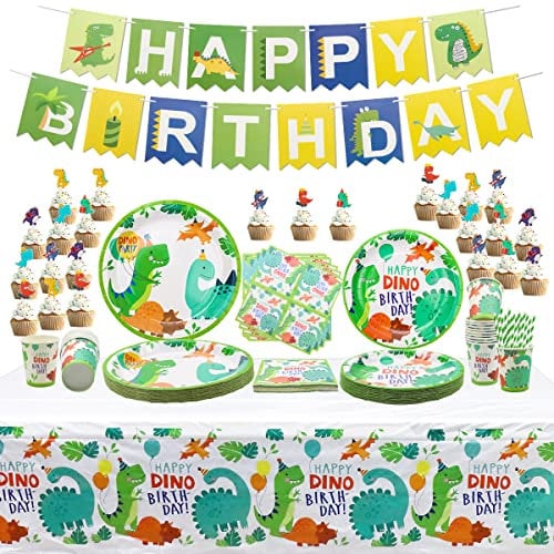 131 piezas de suministros de fiesta de cumpleaños de dinosaurio, decoraciones de fiesta de dinosaurio para niños juego de platos de fiesta de cumpleaños con tema de dinosaurio sirve 20
