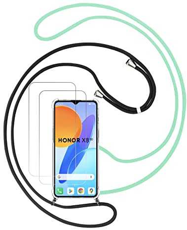 Funda para Honor X8 5G (6,5) con Cuerda, 2 Pack Protector Pantalla, Correa Carcasa Transparente Suave TPU Silicona con 2 Pack Cordón, Protección de Lente de Cámara, Negro+Verde