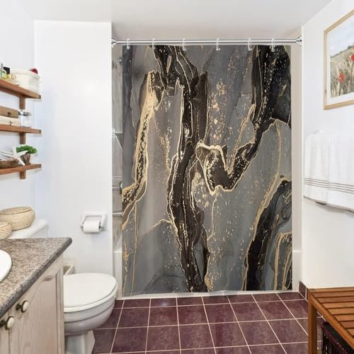 Uiiooazy Duschvorhang Schwarz Gold, Duschvorhang Marmor Grau Abstrakt Marmoriert Duschvorhäng Anti Schimmel Wasserdicht Polyester Stoff Waschbar Bad Vorhang mit 10 Haken für Badezimmer 150Bx180Hcm