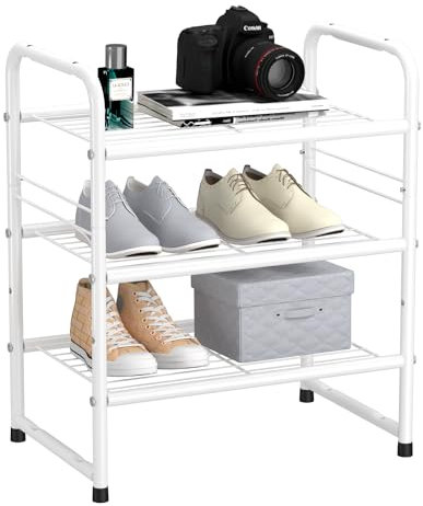 wkokos Compact Wire Shoe Rack Shelf, Space-Saving Stackable Shoe Organizer, Heavy-Duty Small Storage Shelves, 3-Tier, White