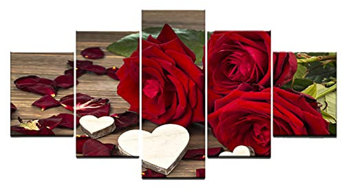 BIURKA Leinwandbild Modern Art Rote schöne Rosen Vlies Wandbild Kunstdruck Ölbild für Zuhause, moderne Dekoration, Dekodruck 5 Stück Kein Rahmen 50x25cm