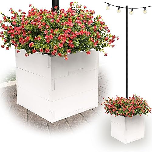 Extra Large Decorative Wooden Planter with Universal Pole Support for String Light Poles, Umbrellas, Bird Feeders. Solid Wood Outdoor Garden Patio Box for Plants or Flowers, 17x17x18, White