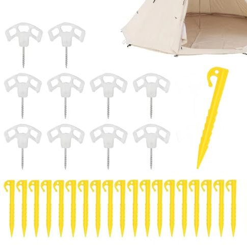 Peg Extractor, Tent 20 PCS Tent Pegs, Plastic Camping Tent Stakes Pegs, Yellow Heavy Duty Screw and serrated nails ground nail Tent Nails Tent Pegs Tent Pegs, Durable Tent Pegs for Camping Tent Rain