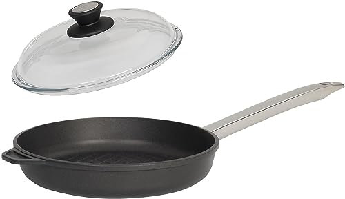 SKK große BBQ Grill-Bratpfanne Ø 28 cm - ohne Induktion - runde beschichtete Aluguss Grillpfanne 2-tlg. Edelstahlgriff & Glasdeckel - Made in Germany