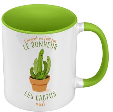 Fabulous Mug de Couleur Qualité Premium Vert - Cactus - L'argent ne Fait Pas le Bonheur Plante Végétal - Tasse avec anse et intérieur de couleur