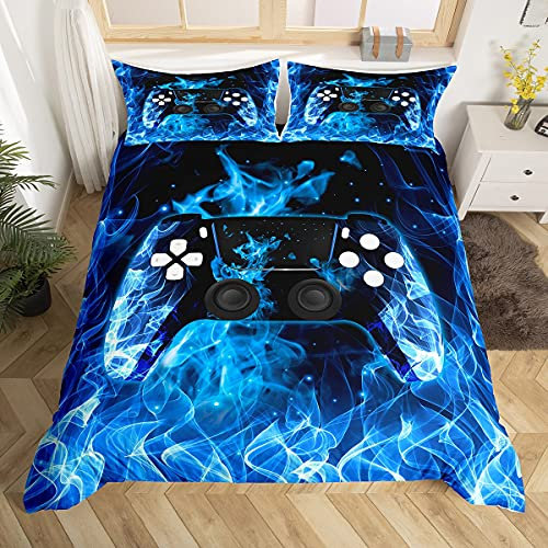 Boys Game Theme Bedding Blue Flame King Size Decor Boys Kids Gaming Video Game Controller Duvet Cover Set Blue Black Game Gamer Gamepad Bedding for Teenage Men