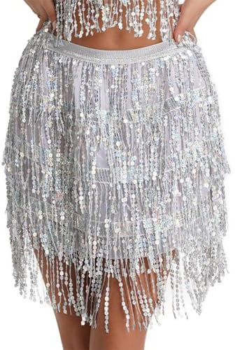 Glitzer Rock Damen, Pailletten Rock Bauchtanz, Fransen Rock Glitzer, Bauchtanz Rock Pailletten - (DE/NL/SE/PL, Alphanumerisch, L, Regular, Regular, Silber)