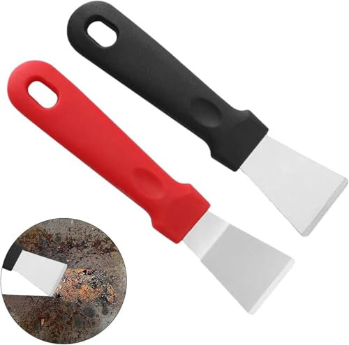 2Pcs Scraper for Cleaning, Black Straight & Red Bending Scraper, Stainless Steel None-Scratches Scraper,Multi Kitchen Scraper, Plastic Handle Scraper for Ovens,Freezer,Induction Hob,Stoves