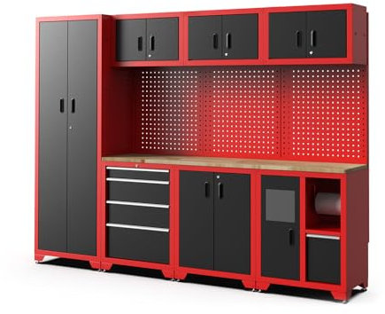 FEISTOS Werkstatteinrichtung Juno 3 | 2640x457x1981 mm Rot/Schwarz | Profi Werkbank & Werkzeugwand für Ordnung in der Werkstatt | 11 Teilig - Werkstattmöbel mit Arbeitsplatte & Lochwand