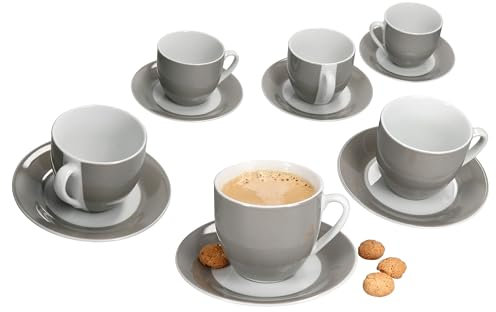 MamboCat Variant Tasses à café grises avec soucoupes pour 6 personnes I Set en porcelaine colorée pour le petit-déjeuner et le café I 6 tasses à thé de 200 ml et soucoupes I Vaisselle chic pour la