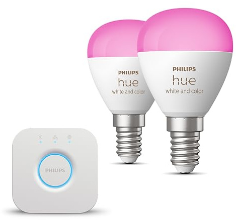 Philips Hue Starterpaket - E14 - mit 2 Kugel LED Lampen - Weißes und Farbiges Licht - inkl. 1 Hue Bridge - Hue White and Color Ambiance