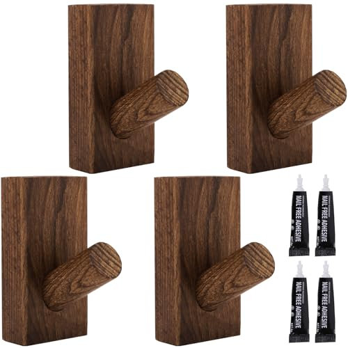 Palmcee Perchero de madera autoadhesivo, 4 unidades, ganchos de pared de madera, minimalistas, percheros, percheros, madera, ganchos de pared, ganchos de madera para ropa, sombrero, bata, perchas