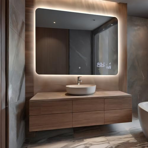 Glasmo Miroir LED Lumineux 140x70 cm Faye - Personalizer - Arrondi de Salle de Bain Mural avec éclairage avec Accessoires - sur Mesure