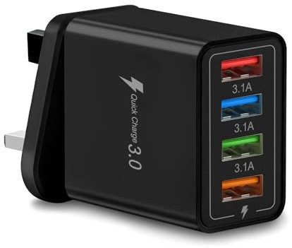 Multi USB Plug Charger UK, 4-Port USB Wall Charger Plug, QC 3.0 3.1A Fast Charging Power Adapter with Smart Device-Adaptive Quick Charging Technology for All Smartphone (Black)