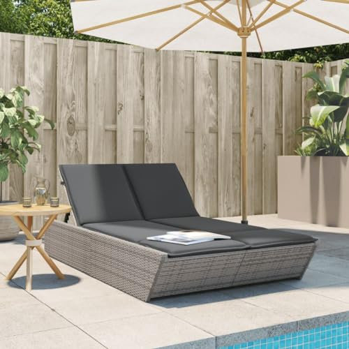 LAPOOH Doppel-Sonnenliege mit Kissen Grau Poly Rattan, Gartenliege, Liegestuhl, Sonnenstuhl, Sonneninsel Outdoor, Liegen, Gartenmöbel, Bäderliege, Relaxliege - 368181
