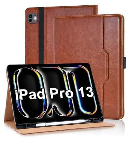 Vkooer Coque pour iPad Pro 13 Pouces M4 (2024), Housse Cuir PU Case [Réveil/Veille Automatique] Etui de Protection avec Support Fonction FILP Cover, Poche Avant pour iPad Pro 13, Marron