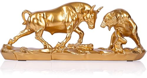 Bulle und Bär Skulptur – Börsen Deko Figur für Wohnzimmer&Büro–Stier und Bär Statue aus Kunstharz–Luxuriöse Dekoration für Investoren,Banker&Finanzprofis–Moderne Figuren für Schreibtisch&Regal–Gold