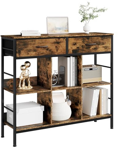 WOLTU Regal, Bücherregal mit 2 Schubladen, 6 offenen Fächern, Standregal mit Metallrahmen, Aufbewahrungsregal freistehend, für Wohnzimmer Arbeitszimmer Schlafzimmer, Rustikales Braun, Schwarz