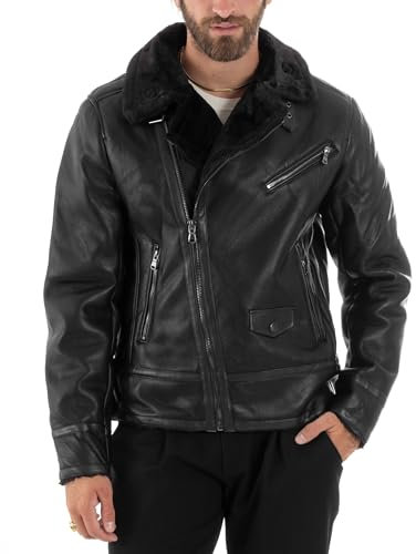 Giubbotto Montone Uomo Chiodo College Con Zip Giacca Imbottita Calda Aviatore Con Pelliccia Casual Vari Colori (IT, Testo, S, Regular, Regular, Nero2)