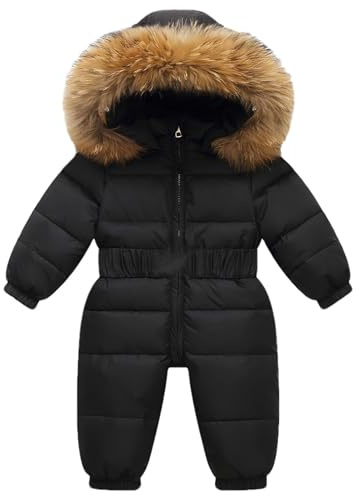 amropi Baby Girls Snowsuit Hooded Romper Puffer Down Winter Warm Jumpsuit with Fur Hood Black, 6-12 Months