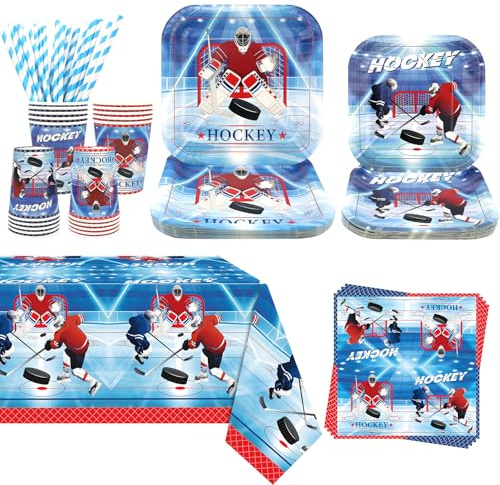 Obussgar Hockey Party Decoration - Hockey Birthday Party Tableware Supplies Includes Plates, Cups, Napkins, Tablecloth, Straws - Serves 20