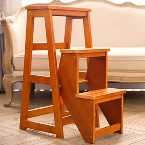 Klappbarer Tritthocker aus Massivholz mit mehrlagigem Stauraum, 3 Stufen, Heimleiter und Tritthocker mit doppeltem Verwendungszweck, Braun
