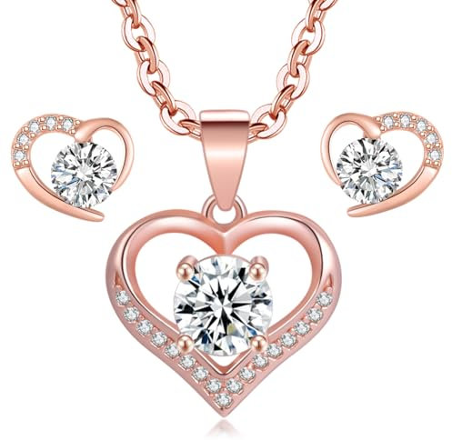 LYL.Adorer Rose Gold Heart Necklace Earring Set,Swarovski Crystal,Jewellery Set Sterling Silver 925,Gift for Women Girls