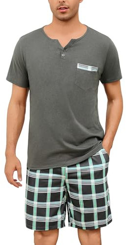 Bresdk Pyjama Homme Court Été Coton Carreaux Ensembles de Pyjama Deux Pièces Pyjashort Gris L