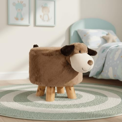 Wooden Animal Stool - 30cm Dog Design, Plush Faux Fur Seat with Removable Washable Cover, Child-Safe Durable Wooden Frame, Decorative Chair for Kids, Lightweight and Easy to Move
