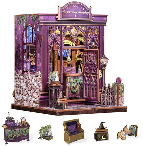 Cutefun Book Nook Kit, DIY Miniature Dollhouse Kit, 3D Wooden Puzzle Bookshelf with Led Light Decoraton for Teens and Adults (Astrology Bookshop)