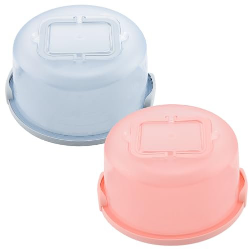 DAKFOOK 2 PCS 10 Inch Cake Carrier, 26x12.5cm Plastic Cake Box with Buckle Lid and Handle, Portable Round Cake Storage Container Tin Cake Holder Set for Transporting 8 Inch Cakes, Desserts, Blue Pink